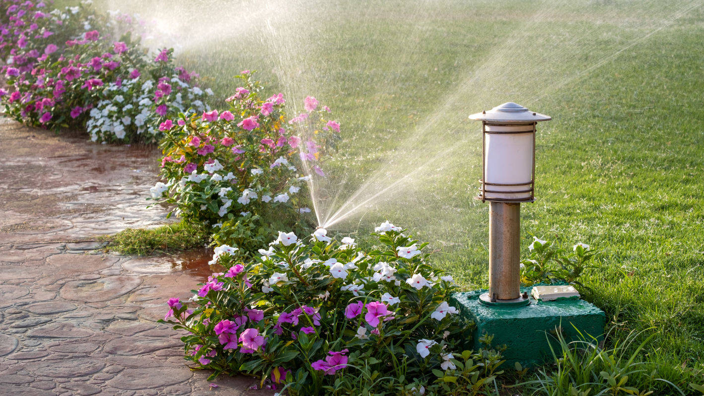 A sprinkler is spraying water on a garden